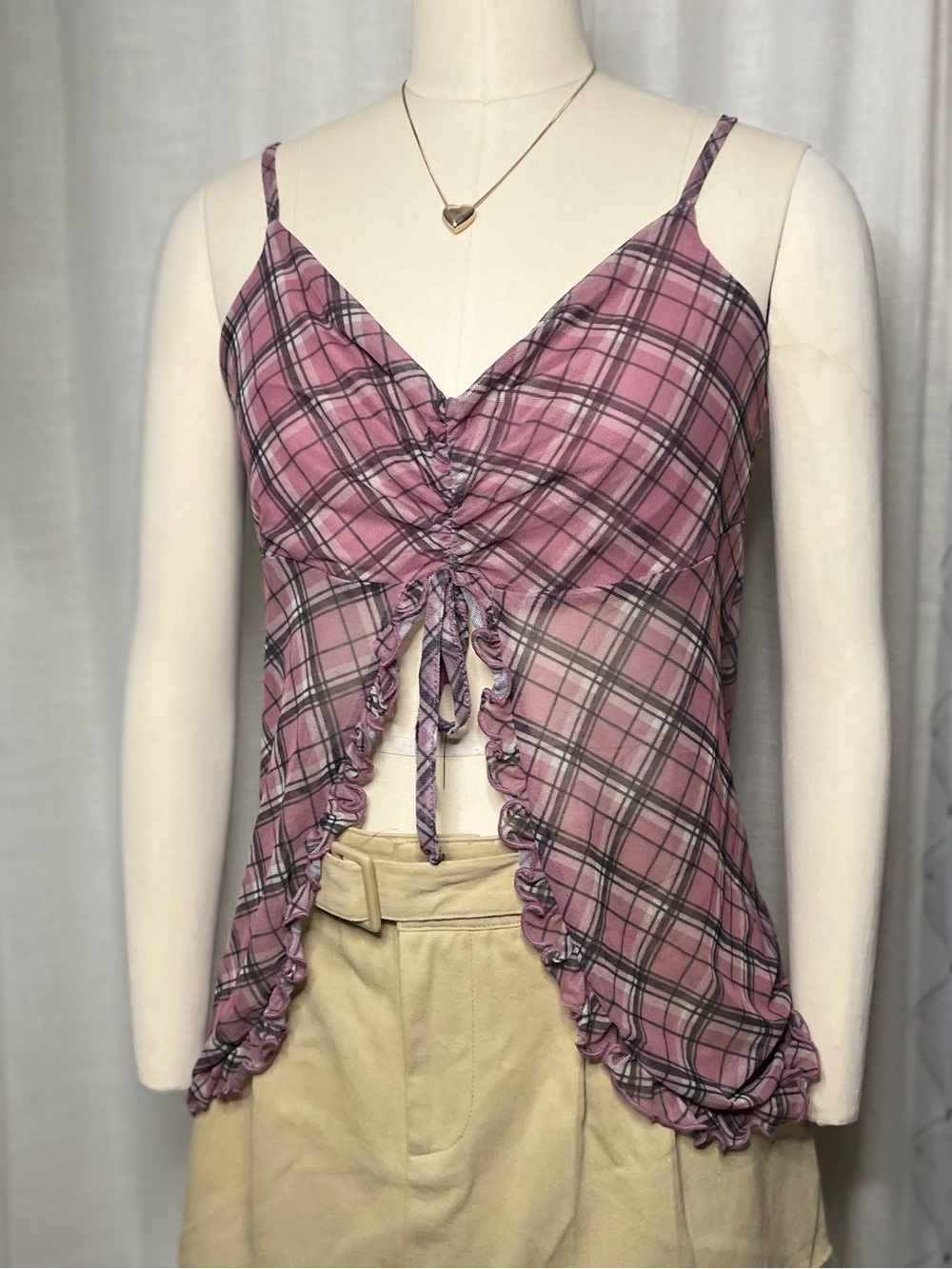 💕Y2K Sweet Lilac - Pink Plaid Tie-Front Cami Top Size M